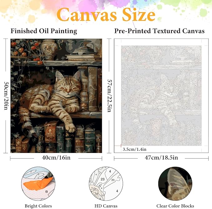 Paint by Numbers Kit for Adults, Sleeping Cat & Bookshelf, 16x20 Inch