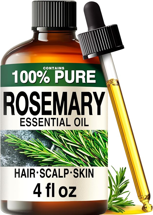 100% Pure Rosemary Essential Oil for Hair, Undiluted - 4 Fl Oz | Scalp and Skin Care, Organic, Steam Distilled Spanish, GC/MS Tested, Glass Bottle, for Diffuser, Aromatherapy, 3-6 Mo Supply