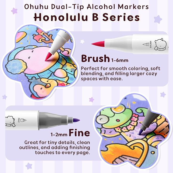 Ohuhu × Coco Wyo Coloring Set 48 Alcohol Markers& Coloring Book Brush& Fine | Co-branded Coloring Kit, 48-color Dual Tips Honolulu B, for Adults Beginners Artists Cozy Coloring, Great Gift Idea