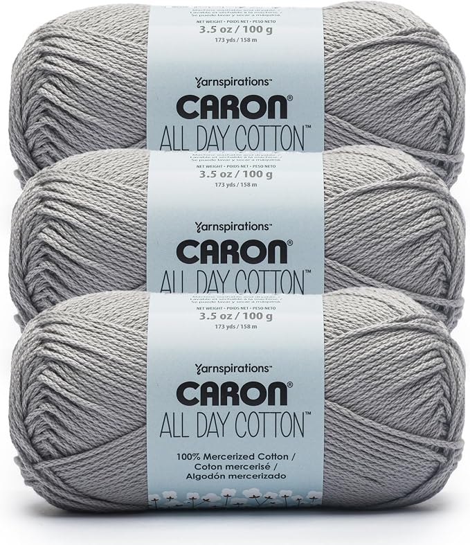 Caron All Day Cotton Yarn for Crocheting, Cloud Gray, 3-Pack | #4 Worsted Yarn, 100% Mercerized Cotton, Soft Crochet Yarn for Knitting, Amigurumi & Crafts, 173yds, 100g/3.5oz per skein