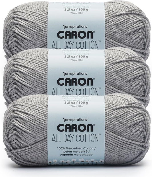 Caron All Day Cotton Yarn for Crocheting, Cloud Gray, 3-Pack | #4 Worsted Yarn, 100% Mercerized Cotton, Soft Crochet Yarn for Knitting, Amigurumi & Crafts, 173yds, 100g/3.5oz per skein