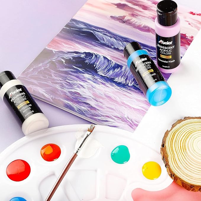 ABEIER Iridescent Acrylic Paint Set, 18 Colors x 2 oz, Non-Toxic | Non-toxic, chameleon color shift, shimmery metallic finish, rich pigments, smooth blending, waterproof when dry