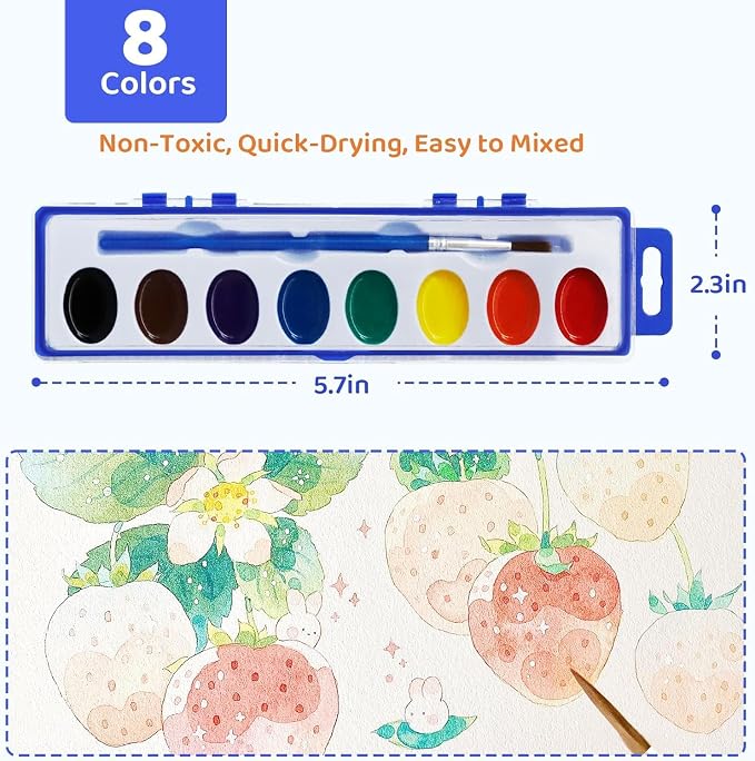 60 Pack Watercolor Paint Set Bulk – 8 Colors Washable Watercolor Paints with Brushes for Kids | Watercolor, Water Color, Acuarelas, Water Paint Set – Ideal for Classroom, Parties, Kindergarten, Art Activities.