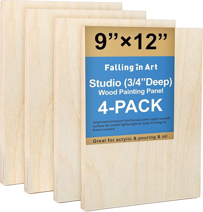 Falling in Art 4 Pack 9x12’’ Unfinished Birch Wood Panels Kit for Painting | Studio 3/4’’ Deep Wooden Canvas, Cradle Boards for Acrylic Pouring, Art, Crafts, Epoxy Resin, Laser Engraving Cutting