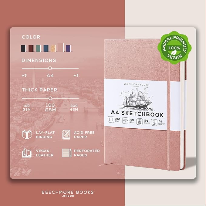 Beechmore Books A4 8.5x11 Mixed Media Sketchbook 160 GSM/98LB with Gift Box | Hardcover Art Journal with Lay-Flat Binding, 156 Perforated Ivory Pages for Drawing, Ink & Light Watercolor