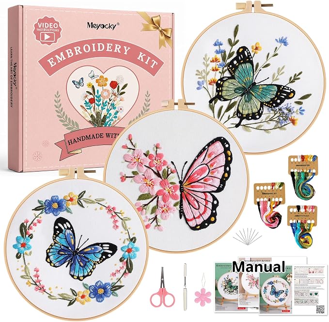 Meyocky Butterfly Flower Embroidery Kit for Beginners with Stitch Videos | 3 Pre-Printed Patterns Embroidery Kits for Adults, Step-by-Step Guide, Hoop Threads Needles, Sewing Hand Craft Gift for Women