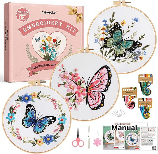 Meyocky Butterfly Flower Embroidery Kit for Beginners with Stitch Videos | 3 Pre-Printed Patterns Embroidery Kits for Adults, Step-by-Step Guide, Hoop Threads Needles, Sewing Hand Craft Gift for Women