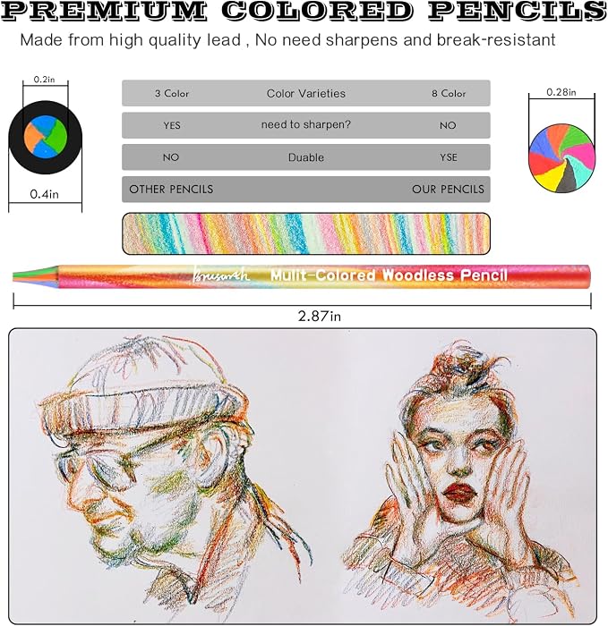 Brusarth 3 Pack Woodless Full Core 8-in-1 Rainbow Colored Pencils | For drawing and coloring, art supplies for artists and kids, ideal holiday and Easter gift choices