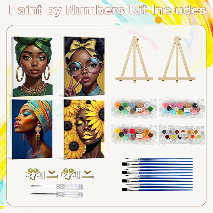 HeeBenor 4 Pack Black Women Paint by Numbers Kit for Adults Framed Canvas