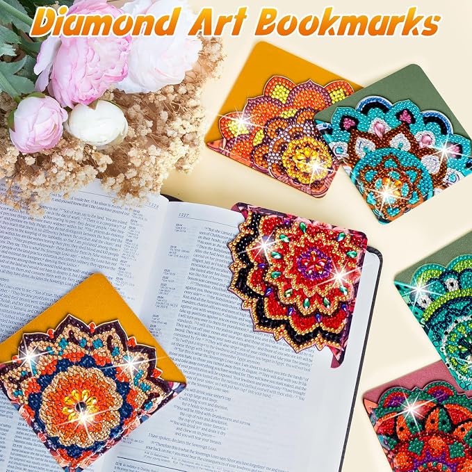 WIVICO 6Pcs Diamond Painting Bookmarks, Diamond Pearl Art Kits for Adults | DIY Diamond Dots Paint By Numbers Kit,Gifts for Book Lovers(Mandala Flower)