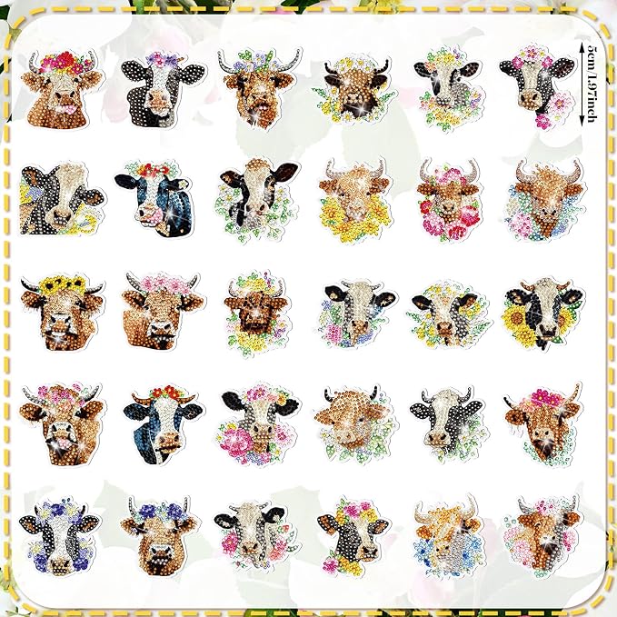 Remuuly 30 Pcs Highland Cow Diamond Painting Magnets Diamond Art Magnet Kit | Cow Diamond Art Kits for Adults, Refrigerator Magnet, 5D Rhinestone Fridge Magnetic Sticker, Diamond Club Gifts, DIY Crafts