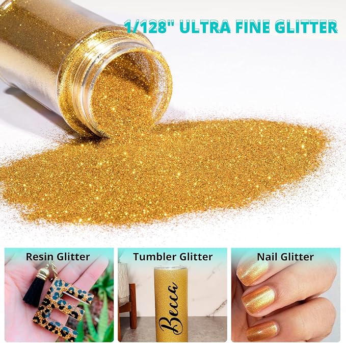 HTVRONT Gold Glitter for Crafts and Arts- 1.7oz/50g Fine Glitter Dust | Craft Glitter for Resin, Jewelry, Keychains, Candle Making, Paint, Slime Add Ins, Cosmetic Glitter for Nail Face