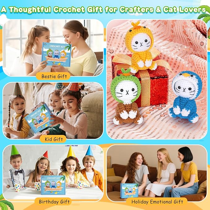 Crochet Kit for Beginners, 3 Pack Duck Cat Crochet Kits with Step-by-Step Video Tutorials, Beginner Crochet Kit for Adults, Crochet Animal Kit for Starters, DIY Craft Gift for Cat Lover