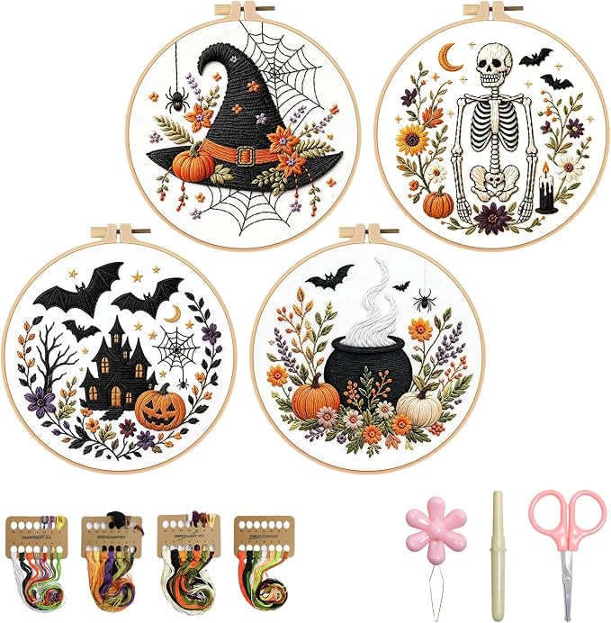 Halloween Embroidery Kit, Skeleton Cross Stitch Kits, 4 Set Craft Kits for Beginners with Pre-Printed Embroidery Fabric, Hoops, Step-by-Step Instructions, Color Threads & Needles (Halloween-4 Set)