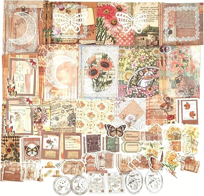 Esweny 100 PCS Vintage Ephemera Pack Journaling Scrapbooking Supplies Scrapbook Sticker Paper Kit for Junk Journal Planners Collage Craft Notebooks Decoupage Album (Sunflower)