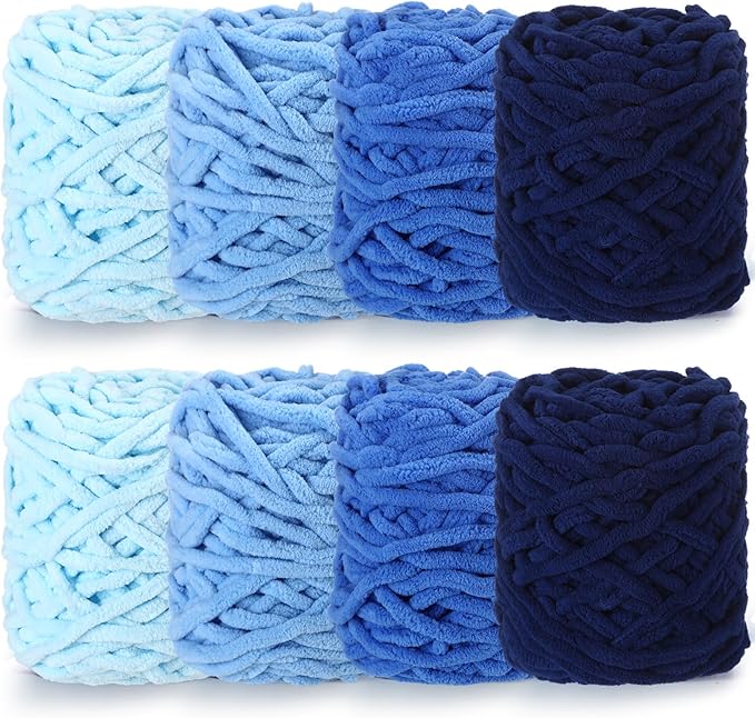 Buryeah 8 Pack Chunky Chenille Yarn for Crocheting (Blue Series)