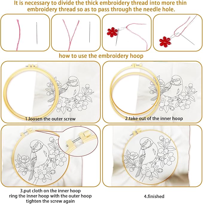 BEUNITONE 6 Set Embroidery Kit for Beginner Adults, Hummingbird & Flower Cross Stitch Set with Stamped Pattern Hoops Threads Cloth Needles, Embroidery Starter Kit for Home Decoration and Gifting
