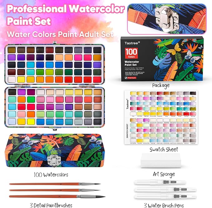 Taotree Watercolor Paint Set 100 Colors, Art Supplies Travel Water Colors | Coloring Set Watercolors Kit with 3 Paints Brushes, Crafts Painting Supplies, Drawing for Adults Artist Drawing