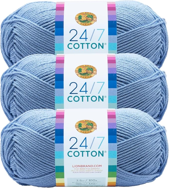 Lion Brand Yarn, 24/7 Cotton Yarn, Sky, Blue Grey, 3 Pack