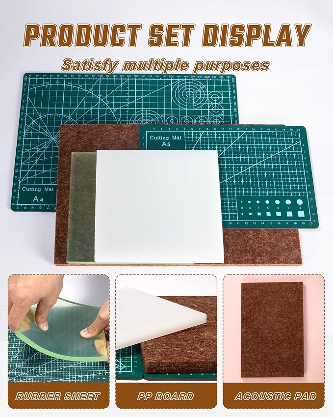 5 Pcs Leather Punch Pads Set， A4+A5 Self Healing Cutting Mats, 15x15cm Rubber And PP Punching Pads, Brown Sound Absorbing Pad, DIY Craft Tools for Leatherworking, Sewing, Quilting