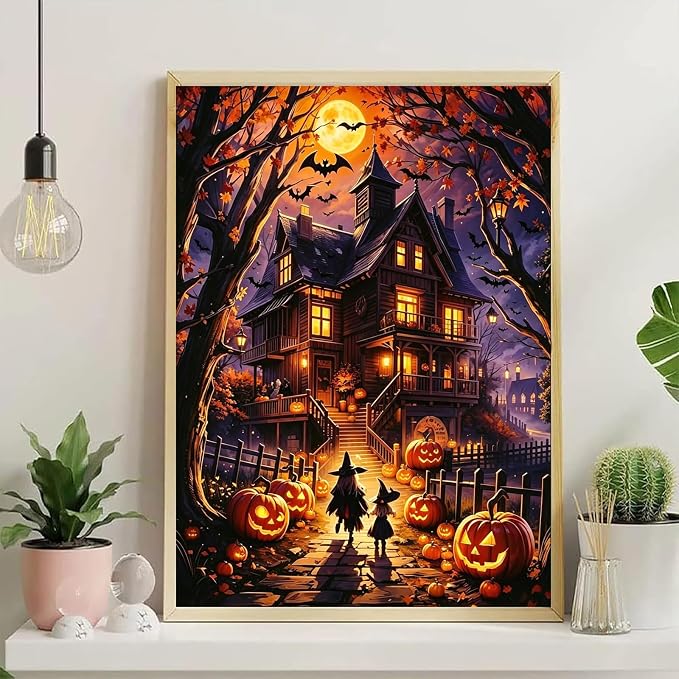 YarnWhimsy Halloween House Paint by Numbers Kit for Adults 16x20 inch