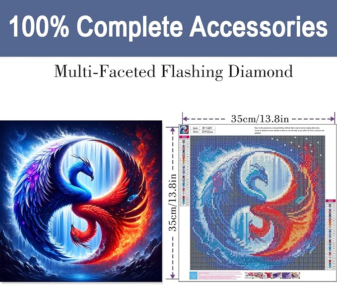 ijbnhd DIY Bird Diamond Painting Kits Taichi Phoenix 5D 14X14IN