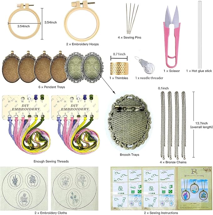 ZOCONE 6 Packs Embroidery Necklace Kits, Embroidery Pendant Kit Mini Cross Stitch Kit with Hoop, Necklace, Pendant, Brooch, Stamped Pattern Cloth, Instructions, etc. Embroidery Kits for Adults