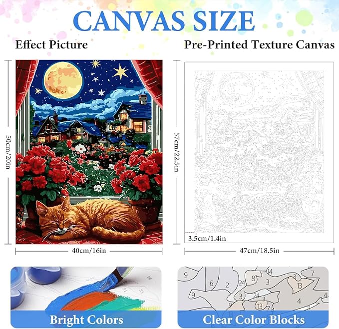 ZRIZQ Paint by Numbers Kit for Adults Beginner,Moon Cat,16x20 | Full set with wooden brushes,rolled canvas,rich paints.Calming activity.Beginner friendly.Just open and paint.