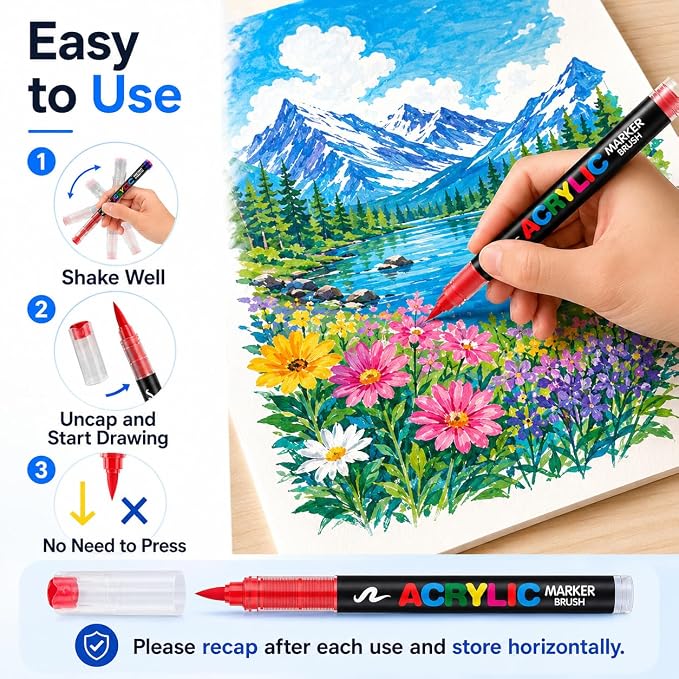 Amamao 72-Color Acrylic Paint Markers, Soft Brush Tip Pens for Rock, Wood