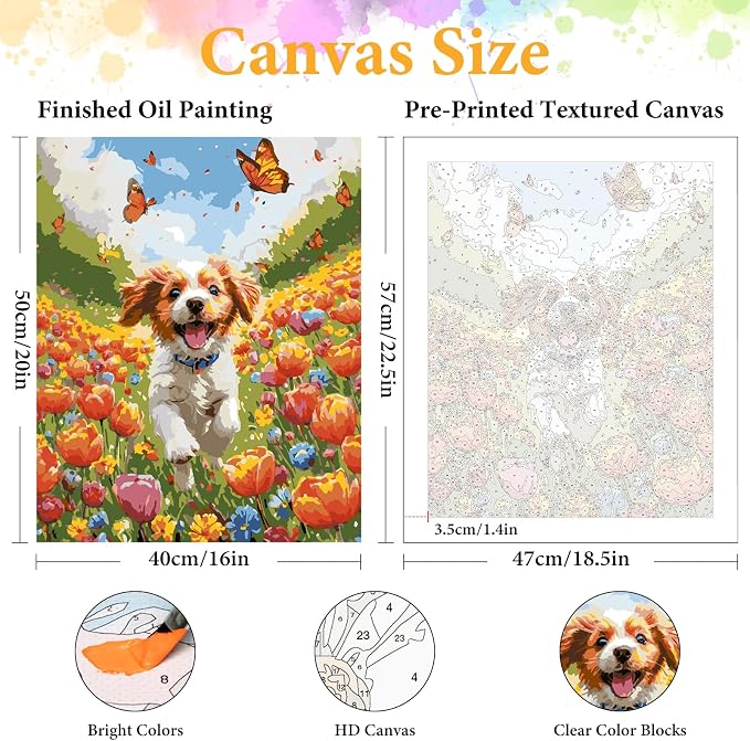 Paint by Numbers Kit for Adults, Happy Puppy & Tulip Design, 16x20 Inch
