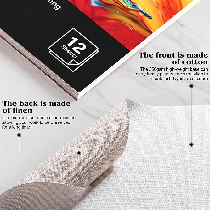 12 Sheets Canvas Paper Pad 16 x 20 in, 350 GSM, Glue Bound | Canvas-Textured Sheets, Single-Sided Glue Binding, for Acrylic, Oil, Gouache, Markers, Portable for Studio Or Travel