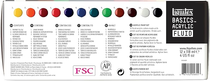 Liquitex BASICS Acrylic Fluid Paint, 6 x 118ml (4-oz.) Bottle Set | Super Versatile, Fine Art Pigments; Fluid Consistency, Vibrant satin colors, Permanent, Lightfast, Water-Resistant Finish