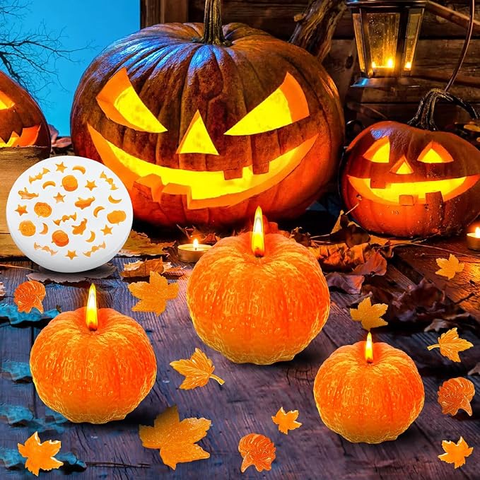 7 Pcs Pumpkin Candle Molds, Halloween Silicone Mold | DIY Craft Making Decoration Supplies, Thanksgiving Maple Molds and Ghost Mold