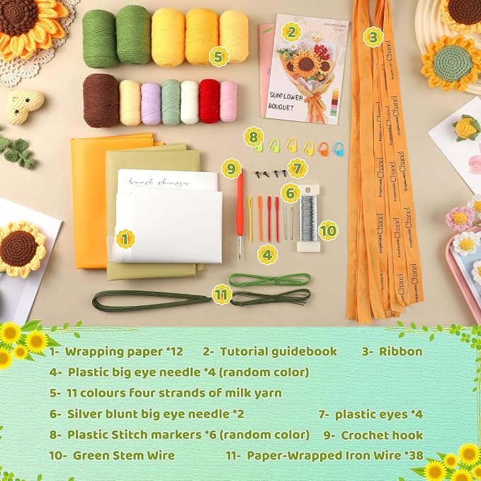 Iuuidu Crochet Kit for Beginners, Sunflower Crochet Flower Bouquet Kit
