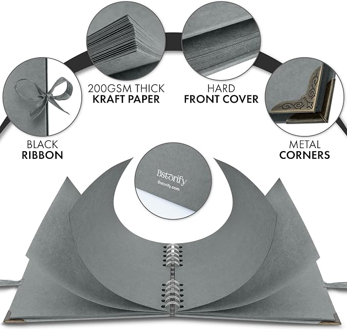 Bstorify Square Scrapbook Photo Albums 7 x 7 Inch Grey Hardcover with Ribbon Closure - Ideal for Scrapbooking, Art & Craft Projects | Hardcover with Thick 200 GSM Kraft Paper, Ideal for Your Scrapbooking Albums, Art & Craft Projects (Grey, 7 x 7 Inch)
