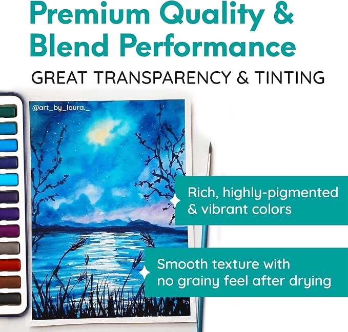 MozArt Supplies Watercolor Paint Essentials Set - Lightweight and Portable Metal Box - Lid Has 3 Partitions for Color Mixing - Easy-to-Blend Non-Toxic Formulation - 24 Vibrant Colors with Paintbrush | Non-Toxic Blendable Watercolor Kit – 3-Partition Mi...