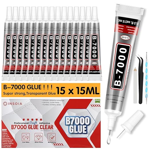 INSOIA B7000 Bedazzling Glue Tool Clear, 15 x 15ml Precision Tip