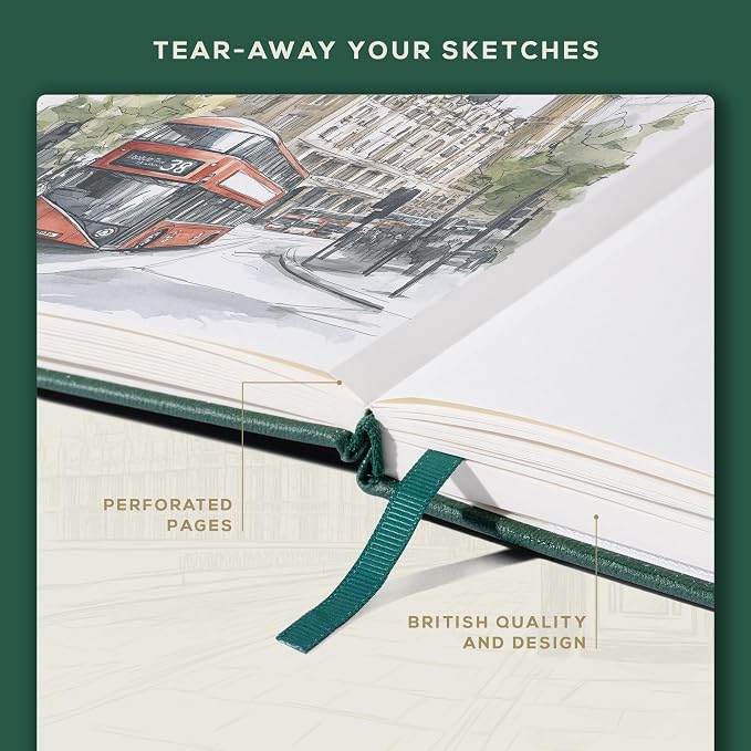 BEECHMORE BOOKS A5 5.8x8.3 Mixed Media Sketchbook 160 GSM/98LB, Gift Box | Hardcover Art Journal with Lay-Flat Binding, 156 Perforated Ivory Pages, Portable Size for Drawing, Ink & Light Watercolor