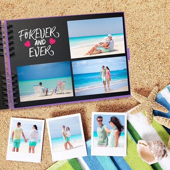 EVNEED Scrapbook Photo Album DIY Scrap Book Black Pages for Wedding Guest Book Anniversary Valentines Day Gifts with 15 Marker Paint Pens,80 Pages,Purple (40 Sheets)