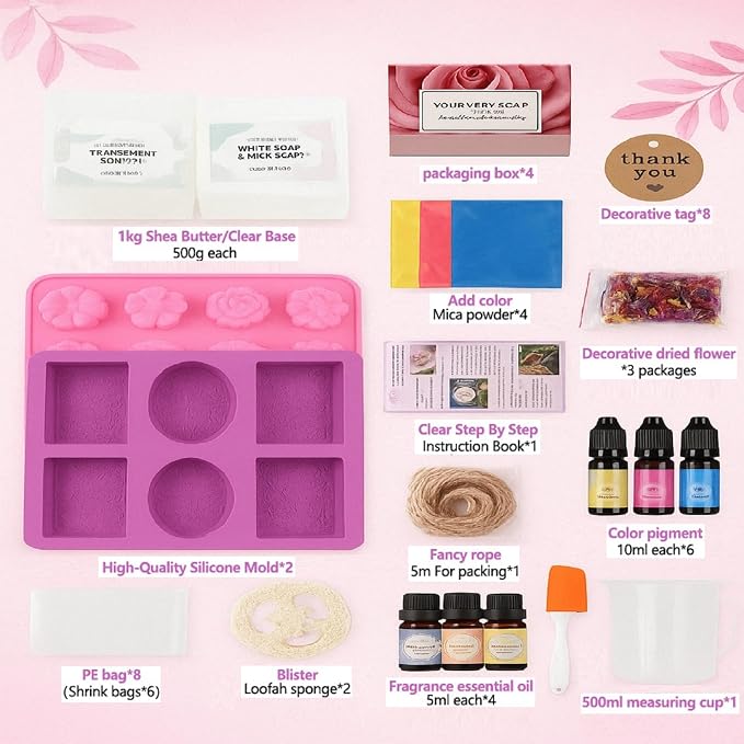 Soap Making Kit – 53 PCS DIY Melt & Pour Supplies with 2 lbs Soap Bases (1 lb Goat’s Milk + 1 lb Glycerin), Molds, Essential Oils, Liquid Colorants, Mica Powders, Flowers – Perfect for Gifting