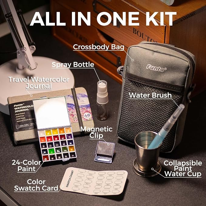 Funto Watercolor Paint Set, 24-Color Mirrorlike Travel Kit for Artists