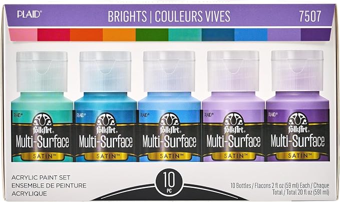 FolkArt Color, 10 Bottle Multi-Surface Acrylic Paint Set, 2oz, Brights