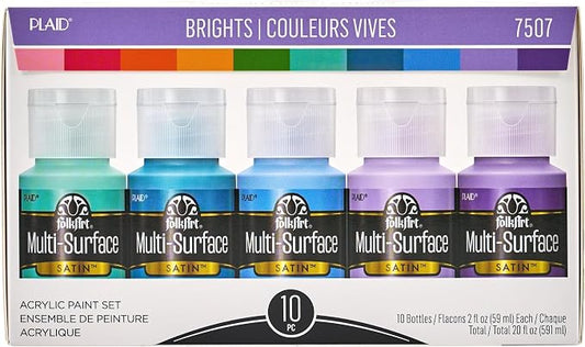 FolkArt Color, 10 Bottle Multi-Surface Acrylic Paint Set, 2oz, Brights