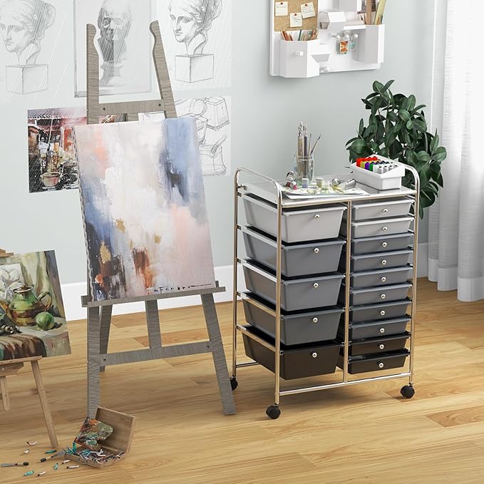 Giantex 15 Drawers Rolling Cart, Classroom Organizers, Storage Cart with Wheels, for Teacher Office Home School Supplies Tool Craft Art Paper