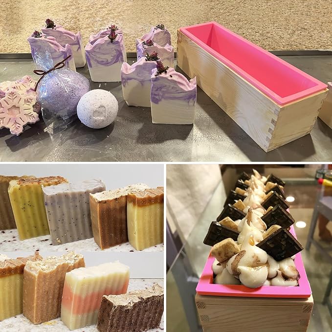 6 Packs 42oz Soap Loaf Wood Box for Soap Making, Pink Premium Silicone Loaf Soap Mollds with Wooden Box and Lid, Ideal for Large Size Homemade Soaps, Flexible and Heat Resistant