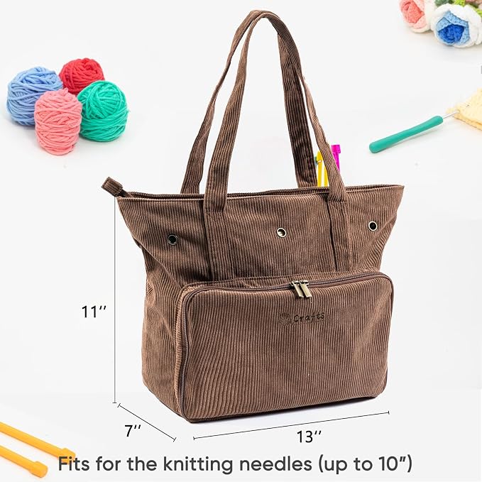 MYBAGZING Large Yarn Tote Organizer – Corduroy Knitting Storage Holder for Yarn, Hooks & Accessories, Portable Craft Carryall for Crocheting Lovers, Mother’s Day Gift