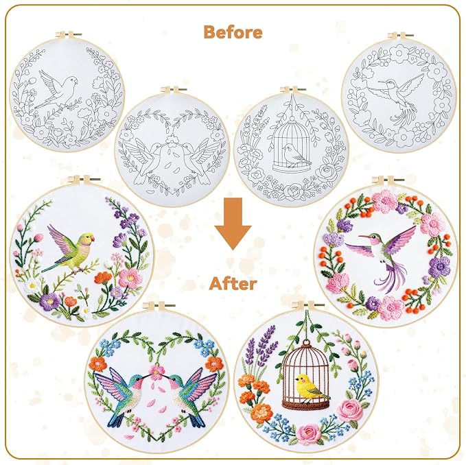 BEUNITONE 4 Set Wreath and Bird Pattern Embroidery Kit for Adult Beginners | DIY Complete Needlepoint Kits for Adults, Handmade Embroidery with Hoops and Instructions Gifts for Fabric Home Decor 20x20cm