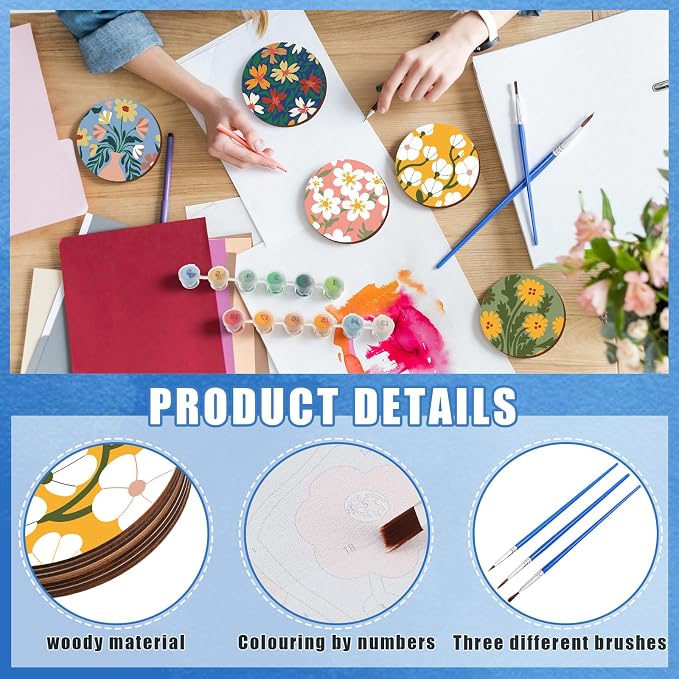 Reallnaive 8 Pcs Flower Paint by Numbers Kit for Adults Floral Coasters | Mini Paint by Numbers, Tiny Round Oil Painting Drink Coaster with Holder, for Small DIY Craft Birthday Gift