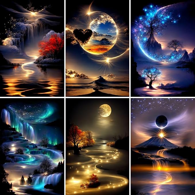 6 Pack Landscape Diamond Art Kits for Adults,5D Diamond Painting Sets | Moon DIY Full Drill Round Gem Painting for Adult Beginners Diamond Art ,Home Wall Decor 9.8x13.8 Inch