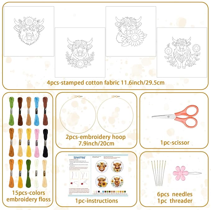 BEUNITONE 4pcs Embroidery Kit, Highland Cow & Sunflowers Stamped Embroidery Kits with Hoop, Thread & Needles, Colorful Cross Stitch Kits Sewing Gifts for Adults and Beginners, DIY Craft for Relaxation